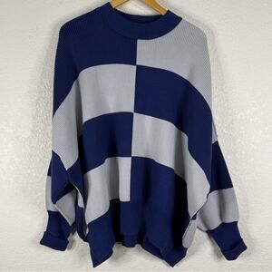 NWT Free People Easy Street Checkered Tunic Sweater in Blue Bohemian Oversized